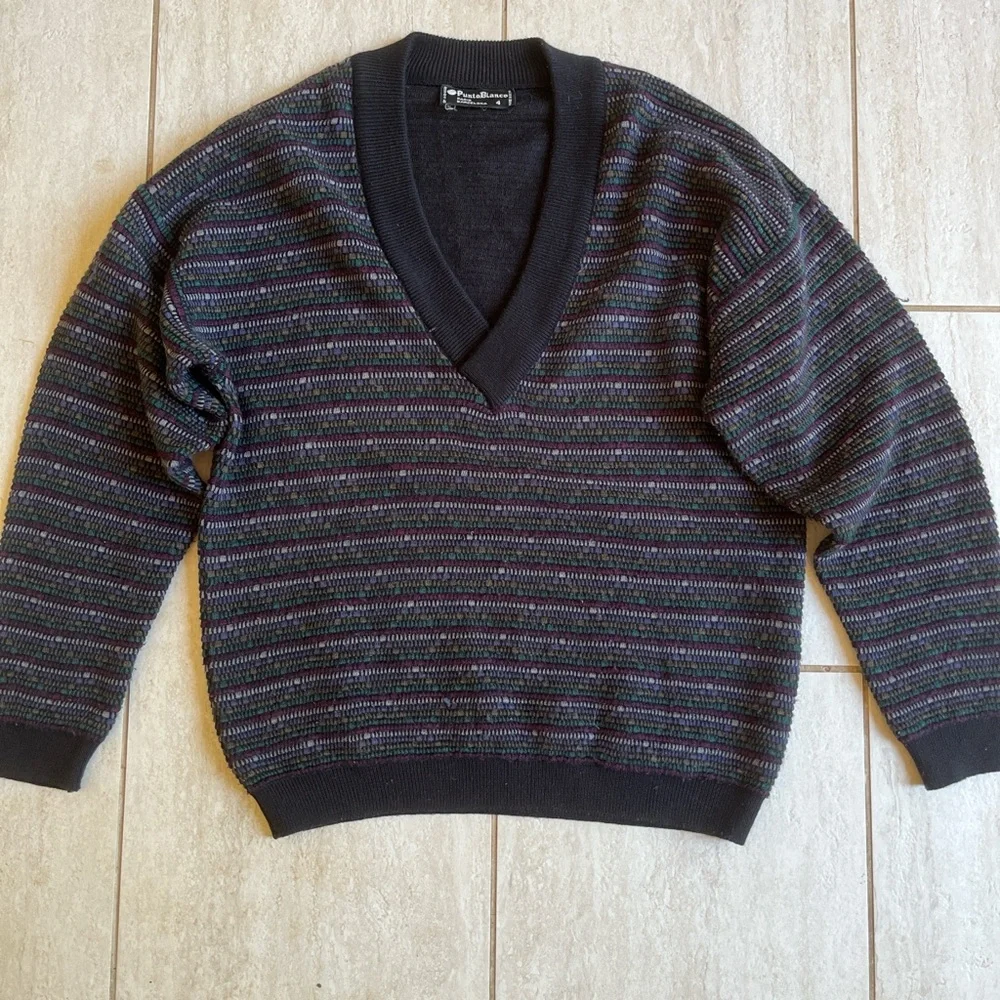 Punto Blanco Geometric Print Sweater Black Multicolor V Neck Retro Knit 4
